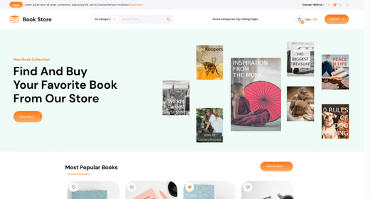 Bookstore website homepage hero with book covers and Find and Buy Your Favorite Book headline