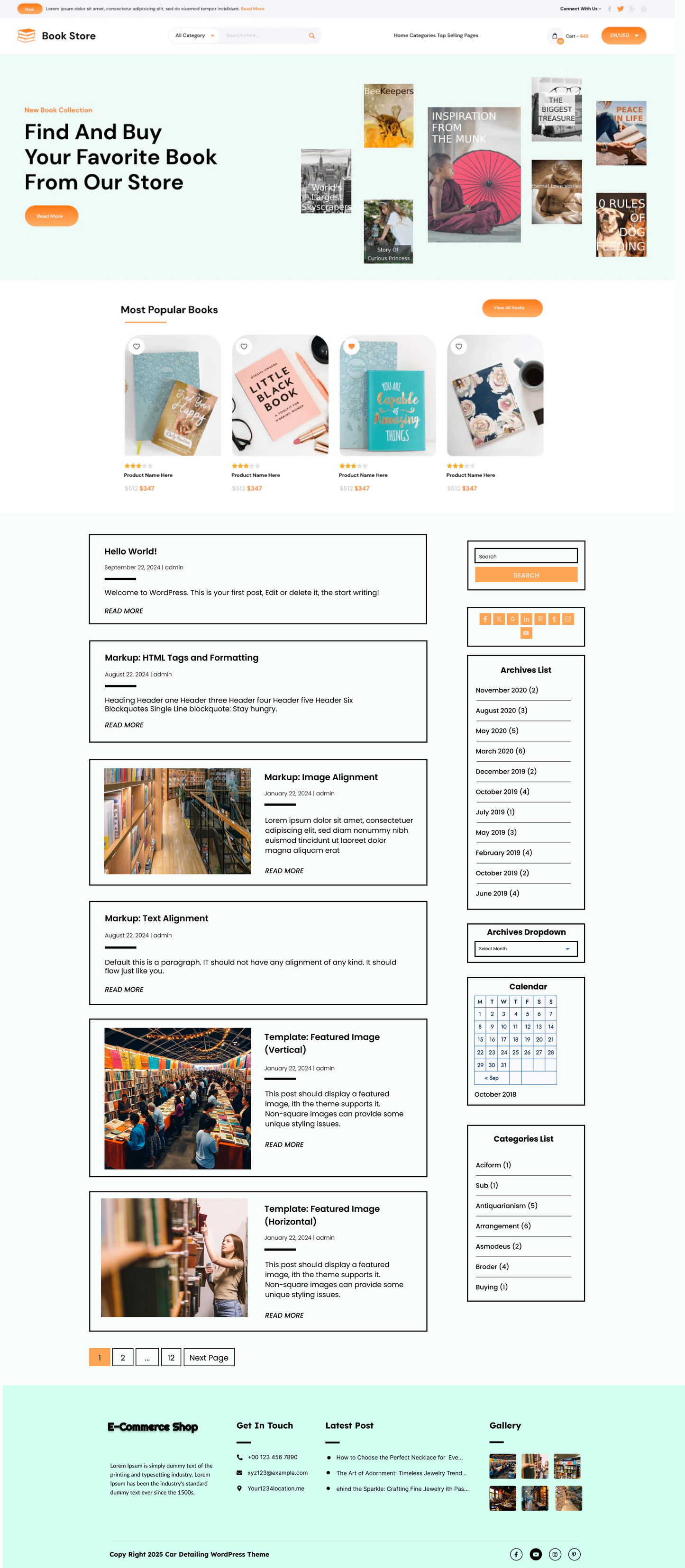 Bookstore Exhibition WordPress theme demo layout with featured books, product grid, blog posts, sidebar widgets