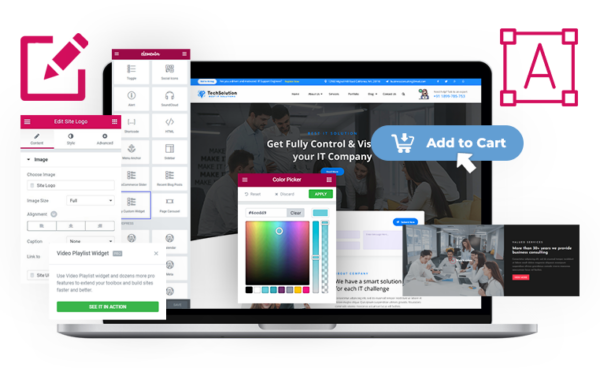 Laptop showing Elementor website builder interface with add to cart button and color picker