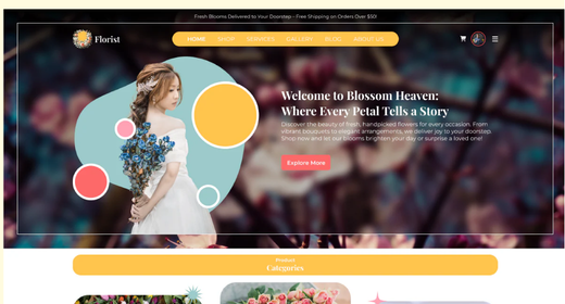 Florist website homepage banner with bride holding blue bouquet and “Welcome to Blossom Heaven” text