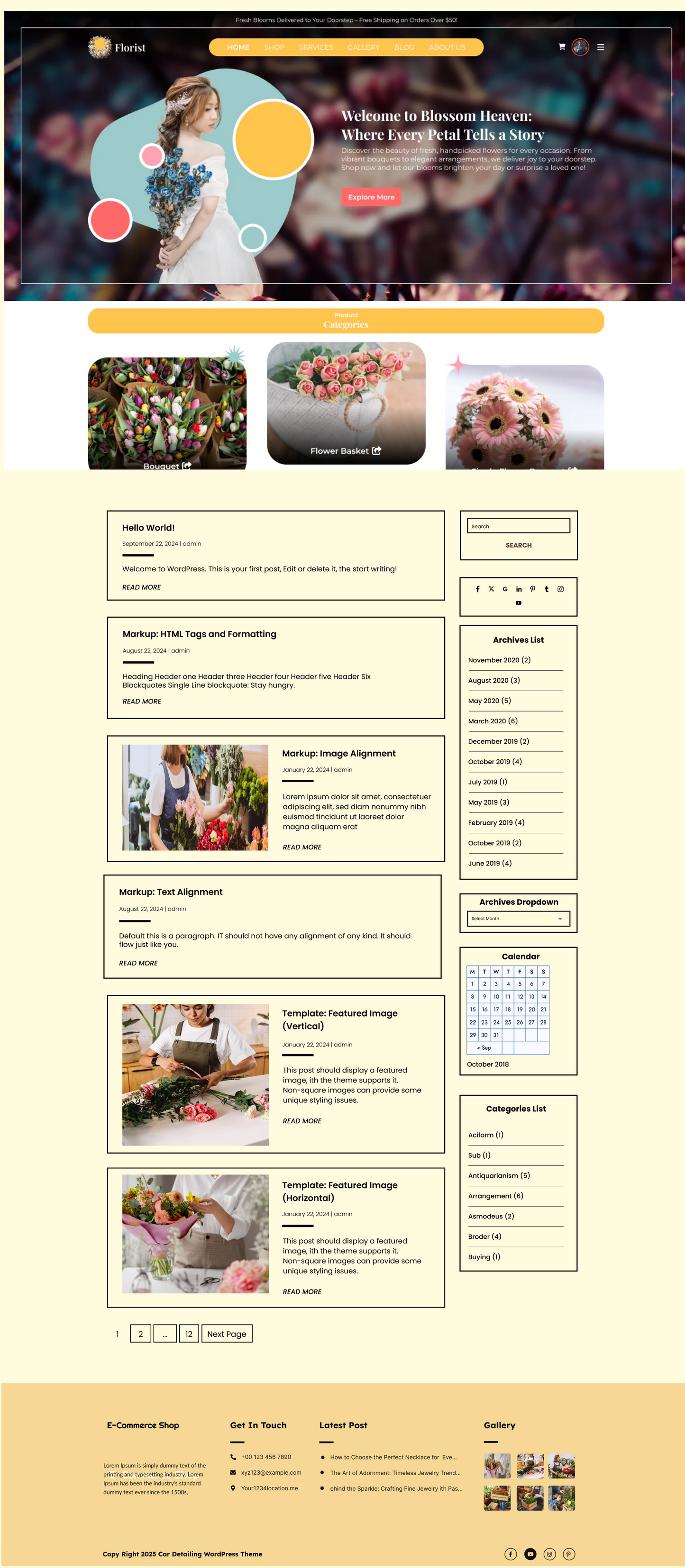 Florist Elementor website template preview with hero banner and product categories section