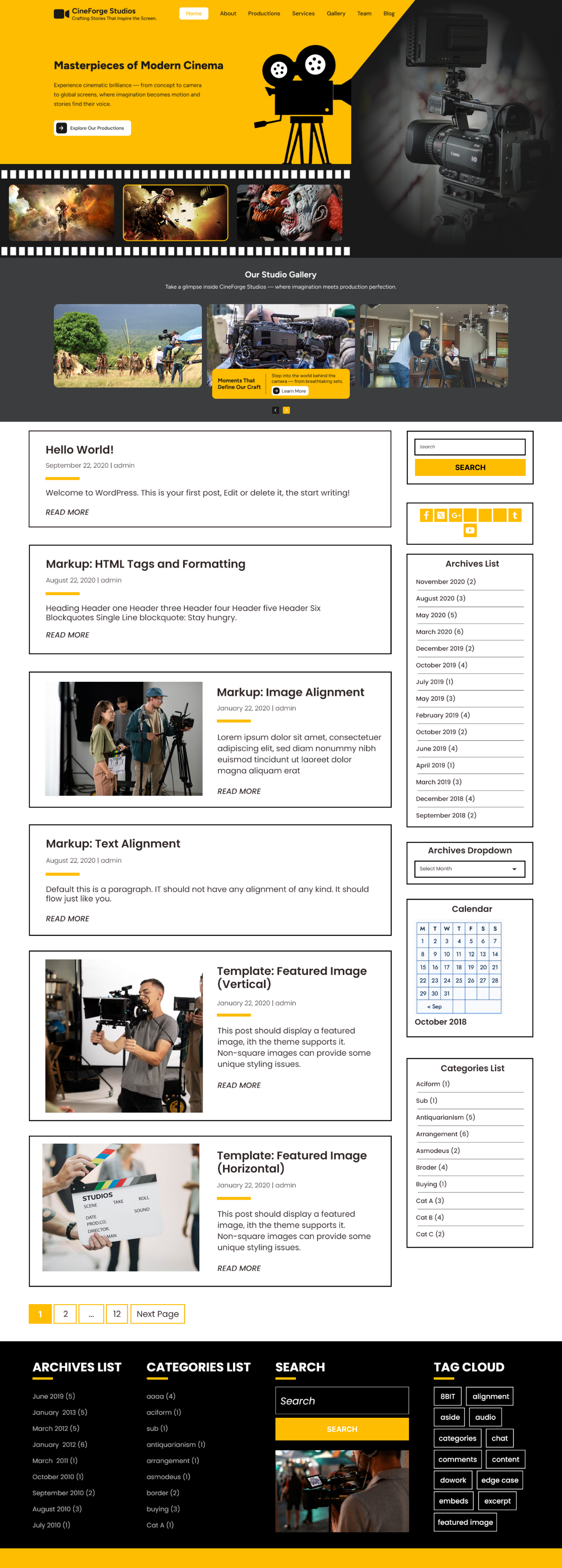 Film production WordPress theme homepage template with video camera banner and studio gallery