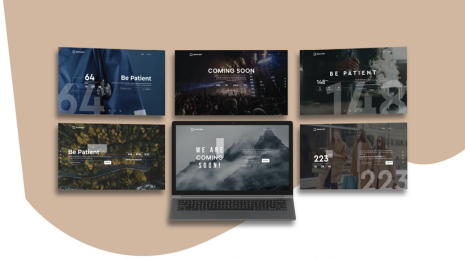 Collage of coming soon website templates on laptop and screens with Be Patient text