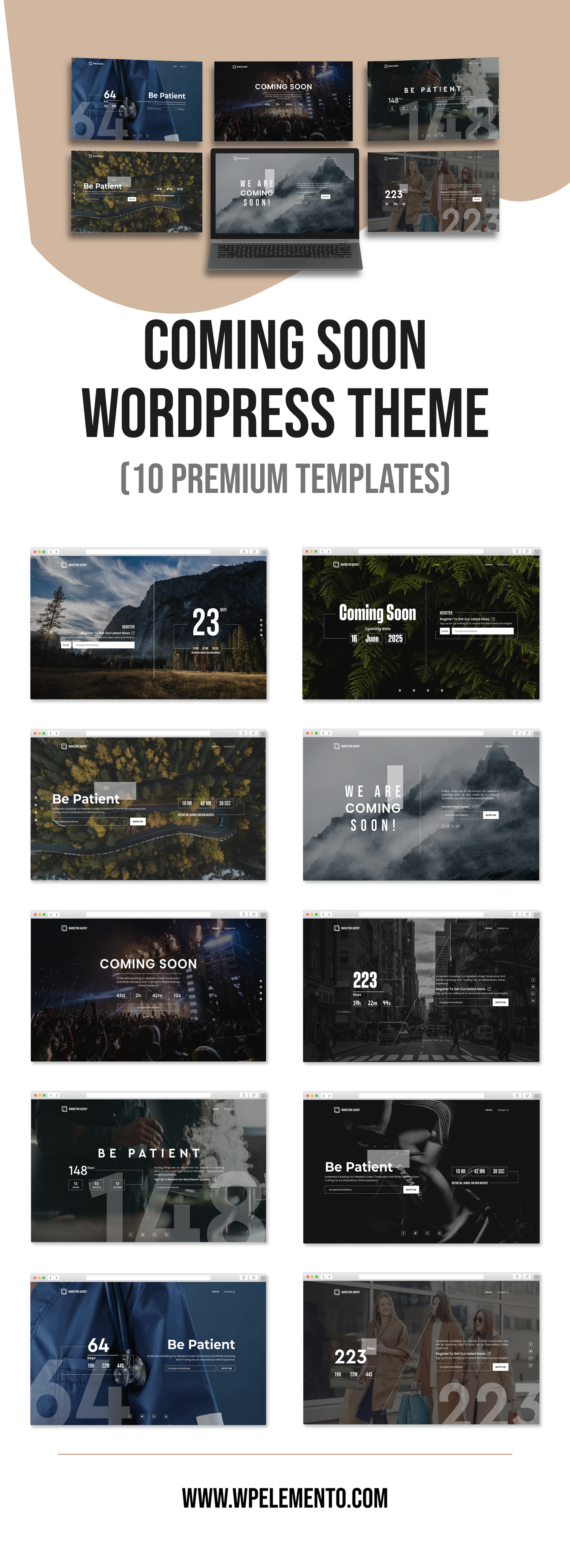 Coming soon WordPress theme promo showing 10 premium template previews