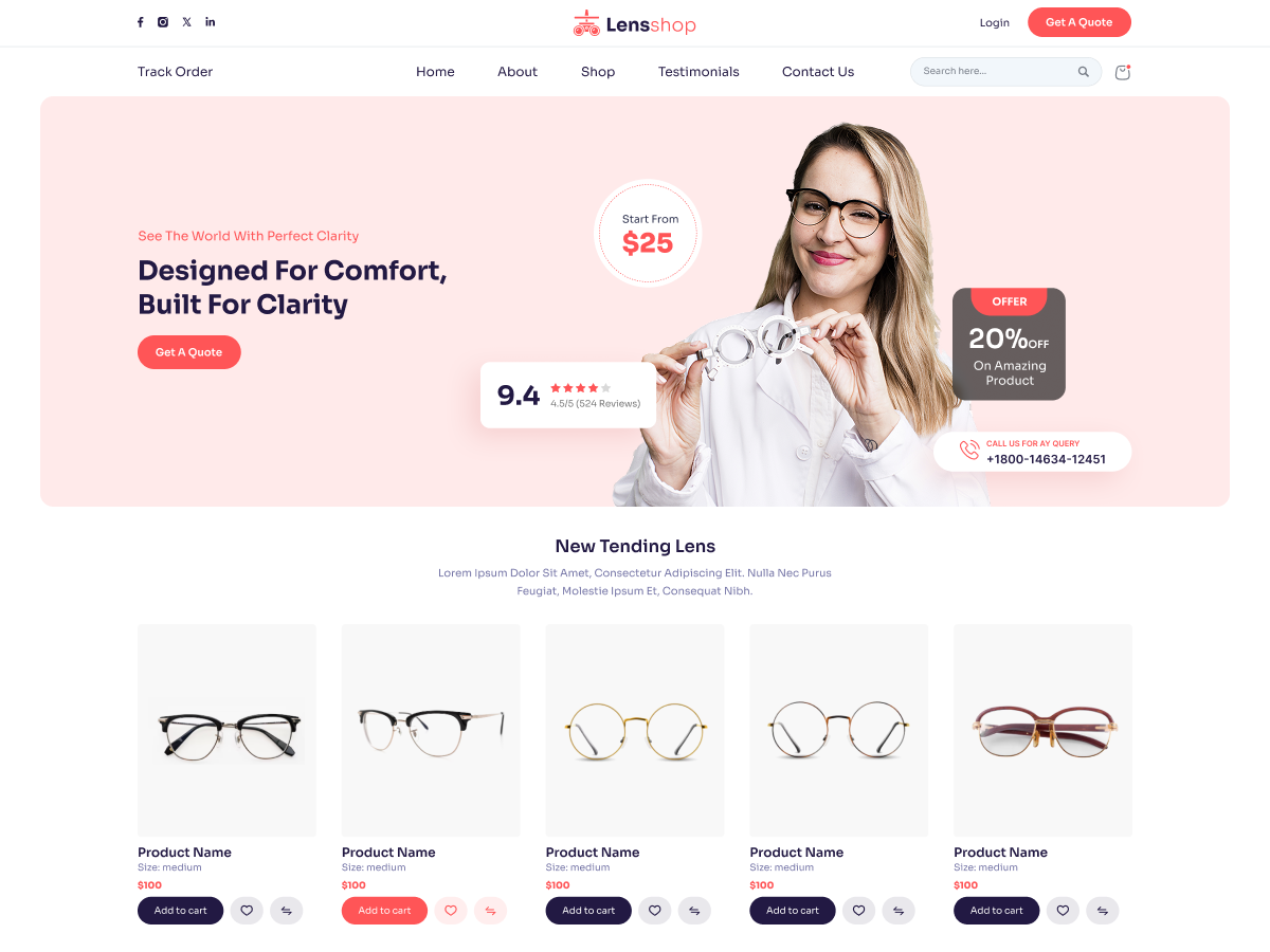 Optician WordPress theme website template preview with eyewear shop homepage design