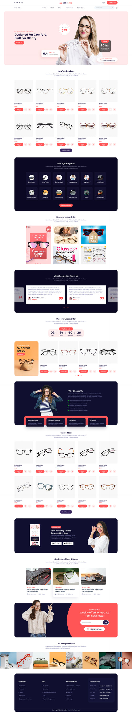 Optician WordPress theme homepage template with eyeglasses product grid and promo banners