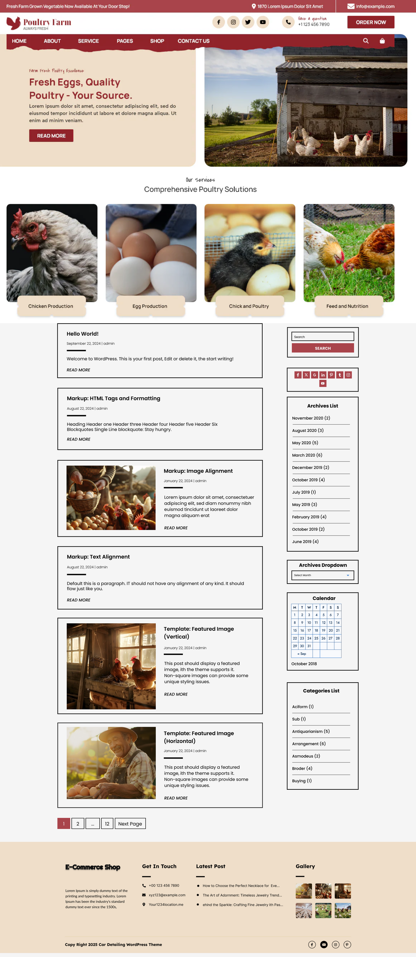 Poultry farm website template homepage with chicken coop, eggs, chicks, and services section