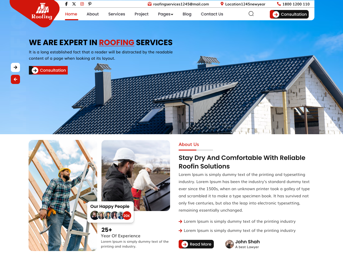 House roof with dark shingles under blue sky, roofing services website banner