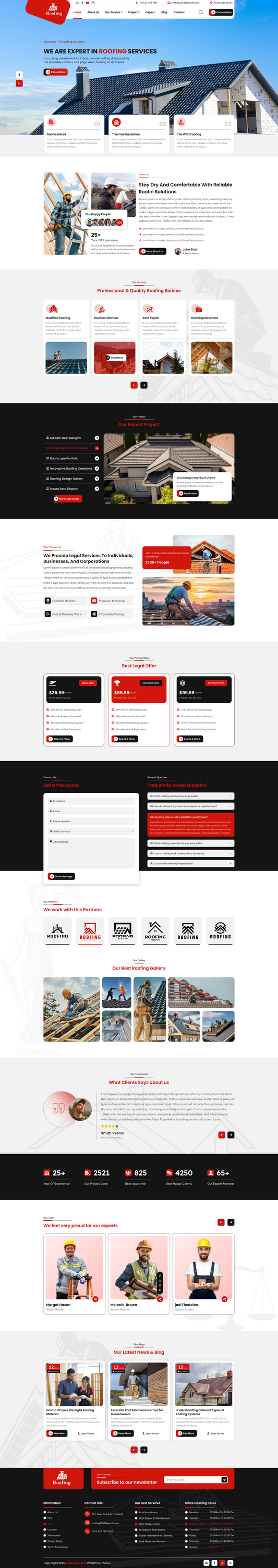 Roofing WordPress theme homepage template preview with hero roof image and service sections