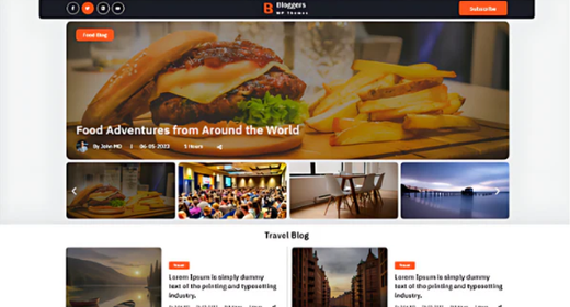 Unique Blogger theme layout with food blog hero banner, navigation bar, and post thumbnails