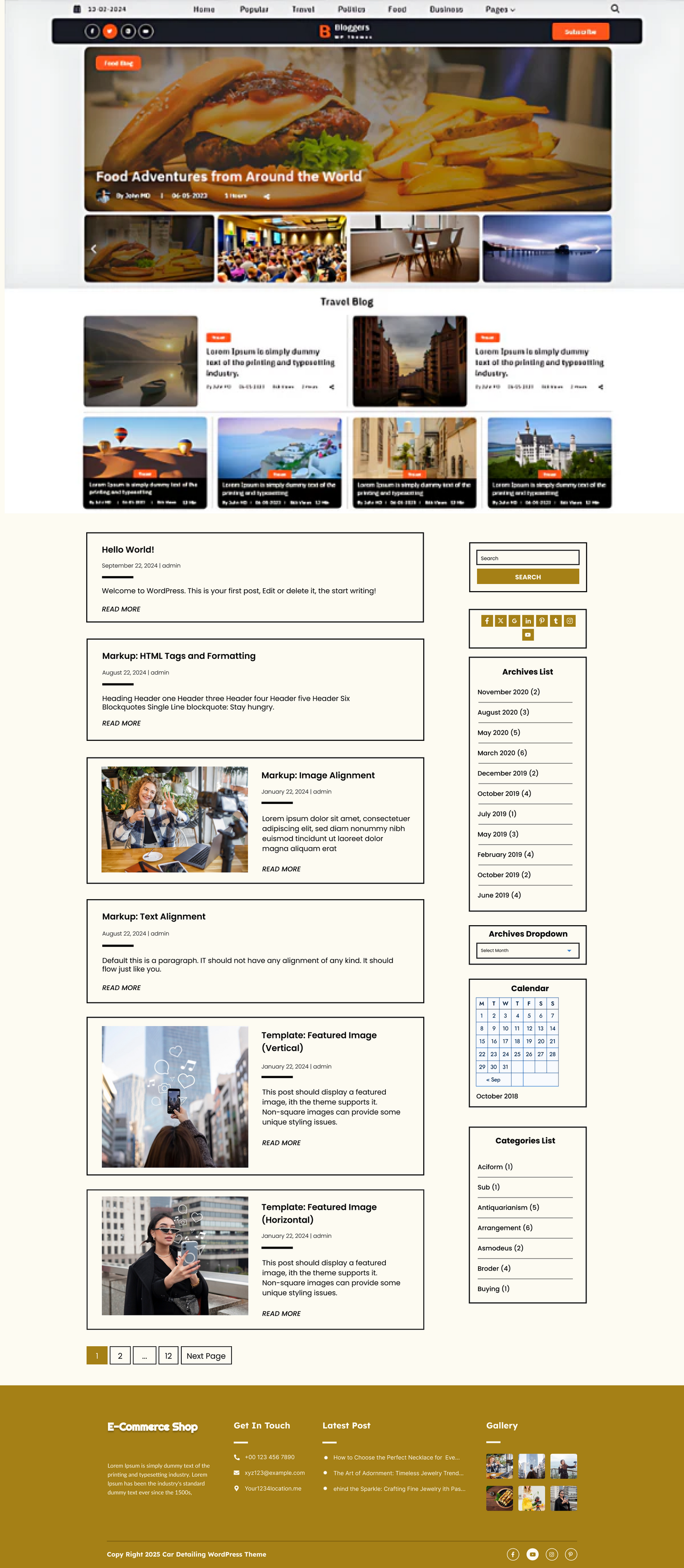 Unique Blogger WordPress theme demo layout with featured posts, sidebar widgets, and footer