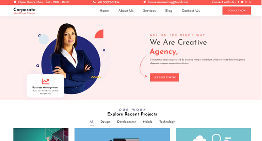 Corporate agency website homepage hero with businesswoman and “We Are Creative Agency” headline