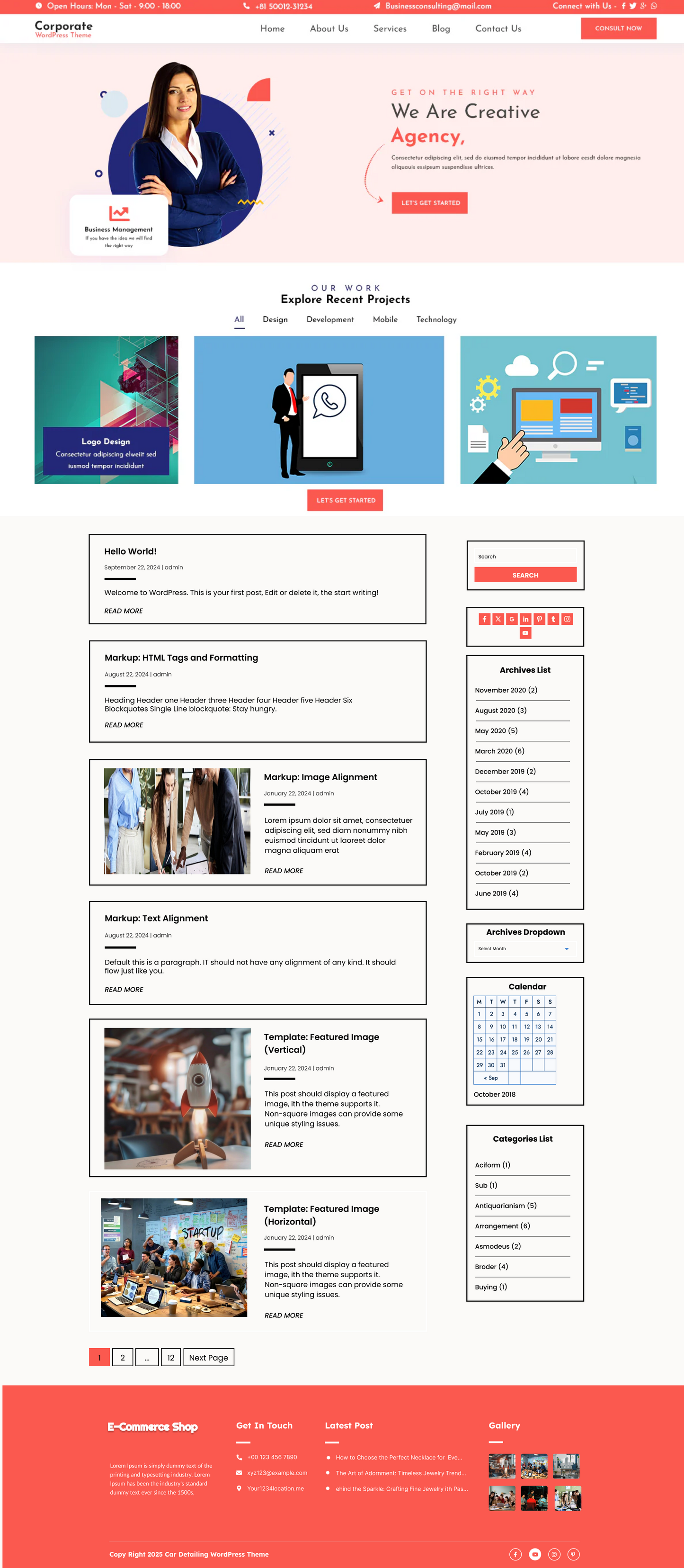 Unique Startup WordPress theme homepage layout with creative agency hero banner and projects section